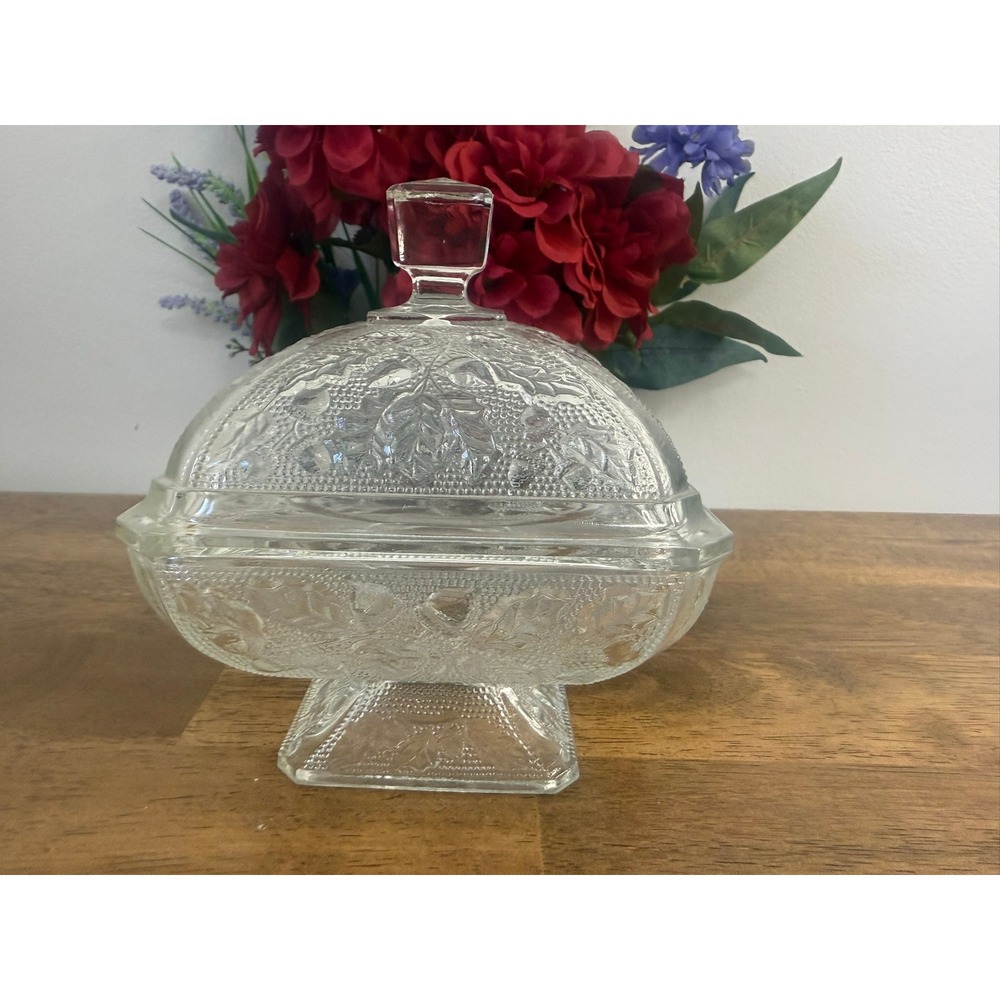 Vintage Jeannette Acorn Oak Clear Glass Covered Pedestal Candy Dish Compote